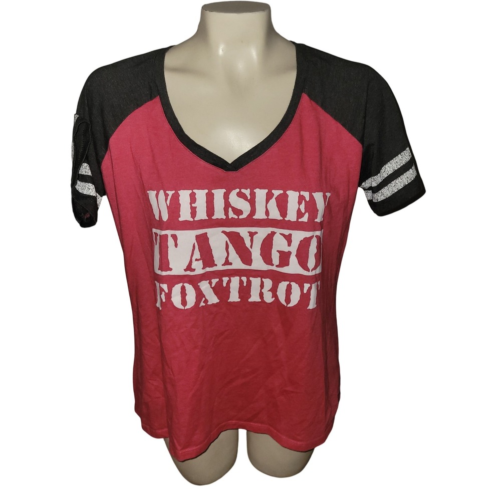 District Whiskey Tango Foxtrot Graphic Tee Shirt Red Black Baseball‎ Style L